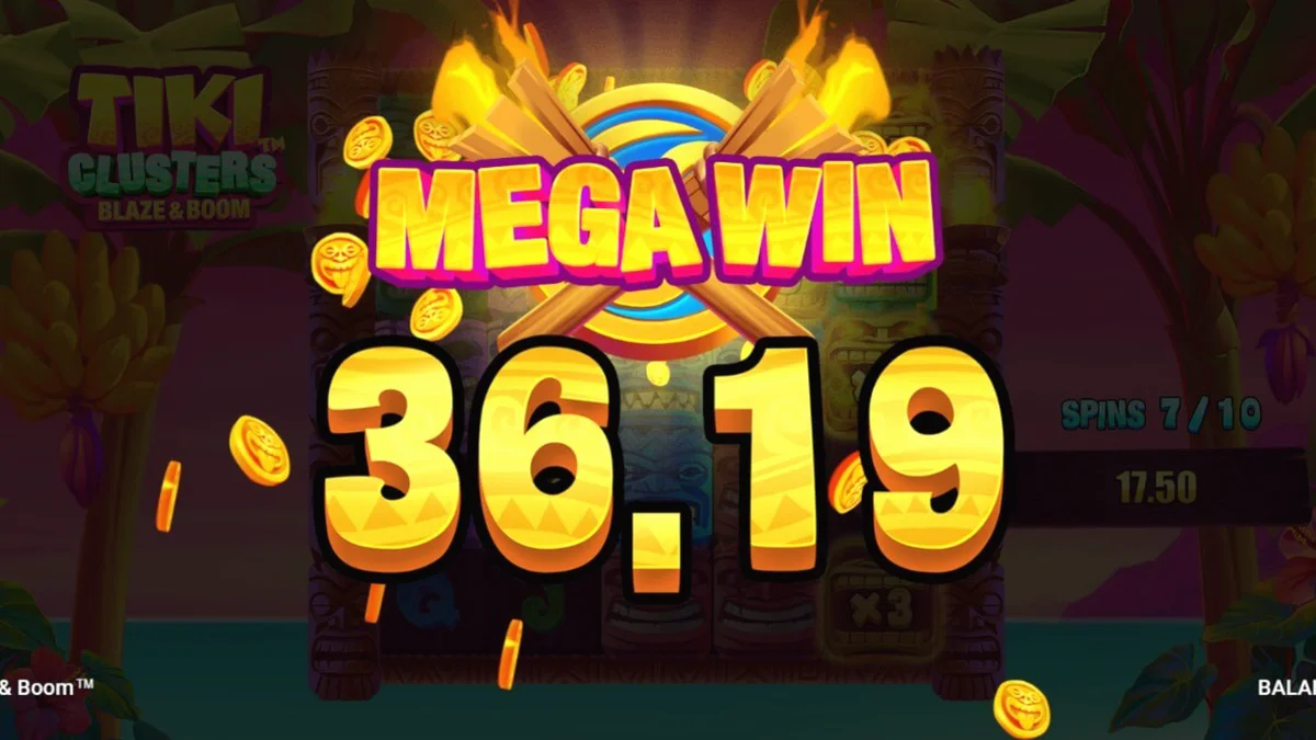Tiki Clusters Blaze & Boom slot machine interface showing cluster pays and tropical theme