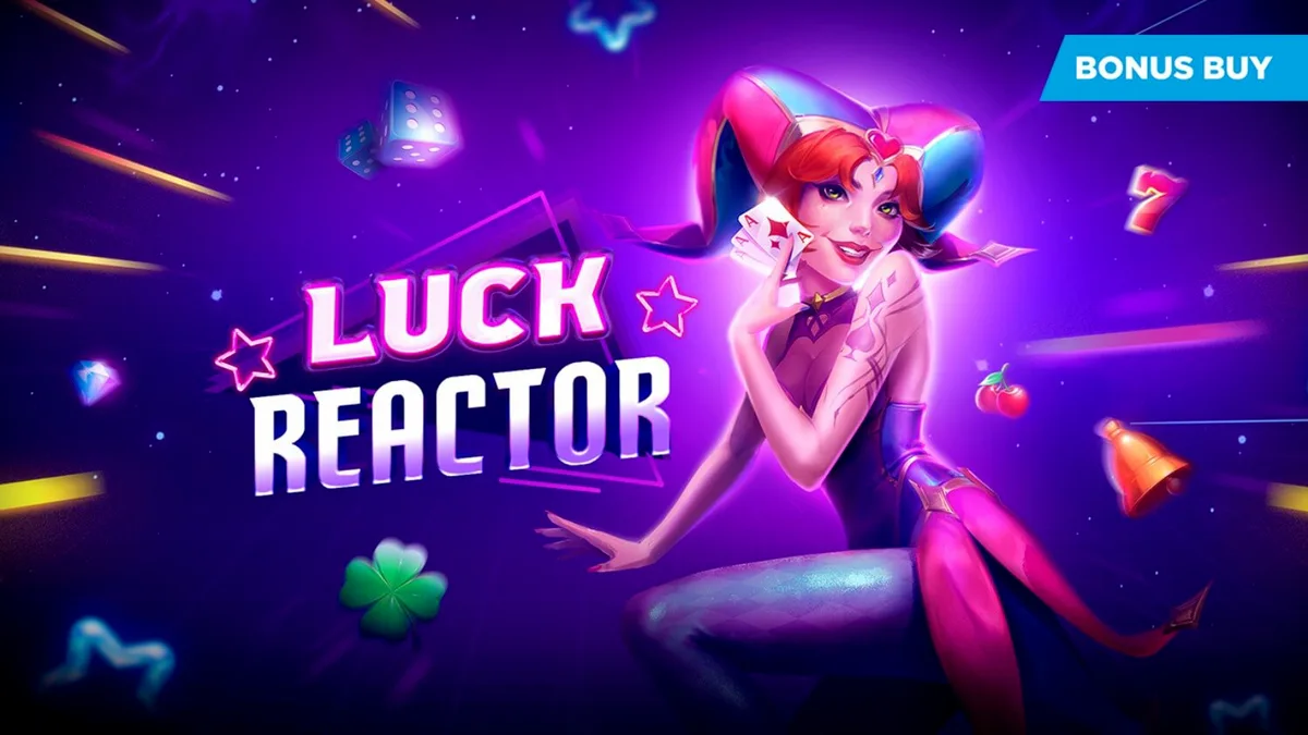 Tampilan visual futuristik dari slot Luck Reactor dengan elemen neon dan simbol klasik.