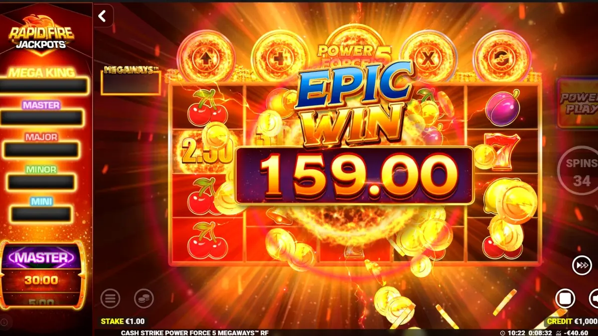 Tampilan visual slot Cash Strike Power Force 5 Megaways dengan simbol buah klasik dan fitur Megaways